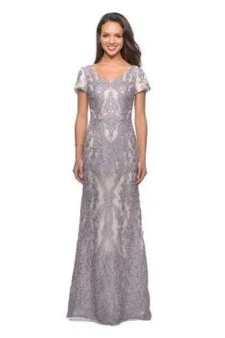 La Femme - 26708 Short Sleeve Embroidered Lace Long Gown