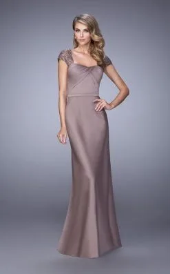 La Femme - Embroidered Modified Sweetheart Satin Dress 21654SC - 1 Pc Cocoa In Size 2 Available