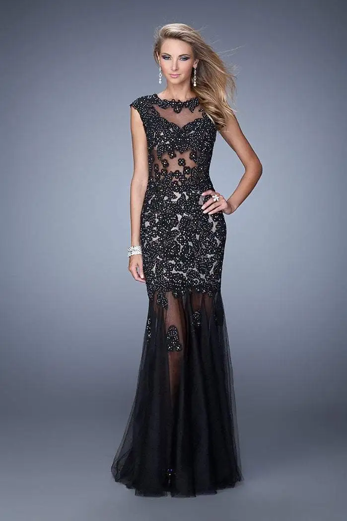La Femme Gigi - Embellished Illusion Bateau Trumpet Dress 21318SC - 1 Pc Black/Nude In Size 4 Available 1 La Femme Gigi - Embellished Illusion Bateau Trumpet Dress 21318SC - 1 Pc Black/Nude In Size 4 Available