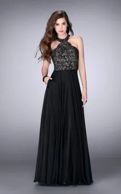 La Femme - Lace Detail Halter Top Chiffon Long Prom Dress 23975SC - 1 Pc Black In Size 2 Available