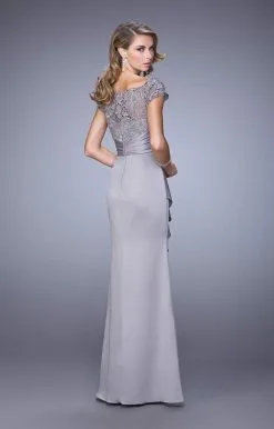 La Femme - Lace Ruched Ruffled Accented Evening Dress 21620SC - 2 Pcs. Silver In Size 4 And 18 Available -Hot Sale WEDDING Store la femme lace ruched ruffled accented evening dress 21620sc 2 pcs silver in size 4 and 18 available ccsale 10919384285267