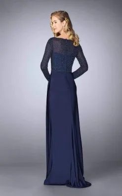 La Femme - Long Sleeve Beaded Bodice Draped Gown 24895SC -Hot Sale WEDDING Store la femme long sleeve beaded bodice draped gown 24895sc ccsale 7543329194067