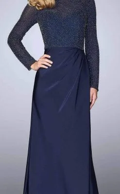 La Femme - Long Sleeve Beaded Bodice Draped Gown 24895SC -Hot Sale WEDDING Store la femme long sleeve beaded bodice draped gown 24895sc ccsale 7543330177107