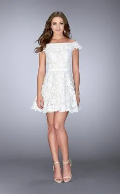 La Femme - Off Shoulder Floral Lace A-Line Dress 23361SC - 1 Pc White In Size 00 Available