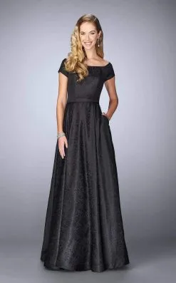 La Femme - Off-Shoulder Jacquard A-Line Evening Dress 24859SC - 1 Pc Black In Size 6 Available -Hot Sale WEDDING Store la femme off shoulder jacquard a line evening dress 24859sc 1 pc black in size 6 available ccsale 6 black 7536419799123