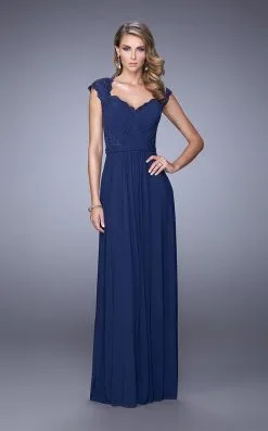 La Femme - Ruched V Neck Cap Sleeves Sheath Long Gown 21685SC - 1 Pc Navy In Size 4 Available