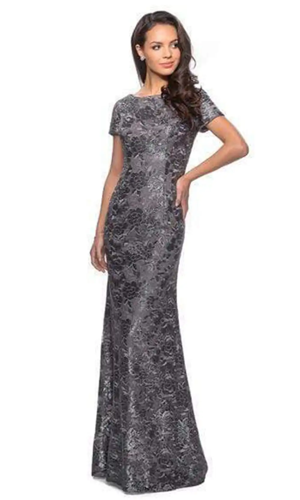 La Femme - Short Sleeve Floral Bateau Evening Dress 27884SC - 1 Pc Gunmetal In Size 16 Available 1 La Femme - Short Sleeve Floral Bateau Evening Dress 27884SC - 1 Pc Gunmetal In Size 16 Available