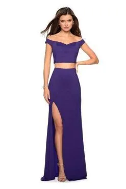 La Femme - Two Piece Off Shoulder Gown With Slit 27496SC - 1 Pc Indigo In Size 00 Available