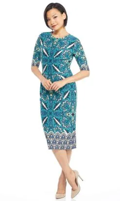 London Times - T3864M Quarter Sleeve Multi Print Tea Length Dress