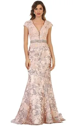 May Queen - Floral Appliqued Deep V-neck Mermaid Mother Of The Bride Gown