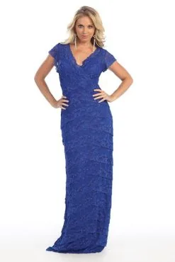May Queen MQ1077 V Neck Lace Column Evening Gown