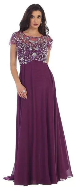May Queen MQ1100 Embellished Scoop A-line Evening Gown - 1 Pc Eggplant In Size 5XL Available