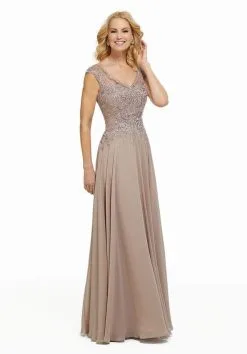 MGNY By Mori Lee - Beaded Lace V-neck A-line Chiffon Evening Dress 72021SC - 1 Pc Champagne In Size 10 Available