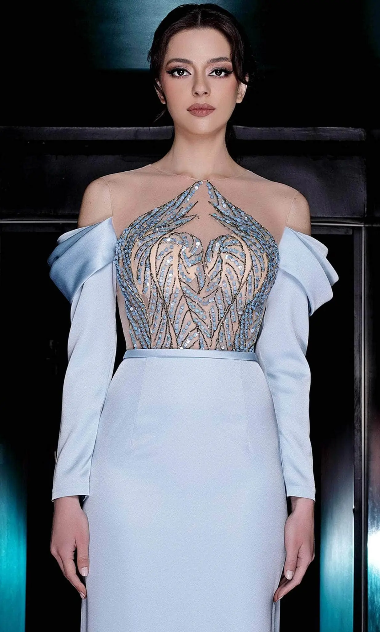 MNM COUTURE K3989 - Draped Sleeve Column Evening Gown 3 MNM COUTURE K3989 - Draped Sleeve Column Evening Gown - Image 3