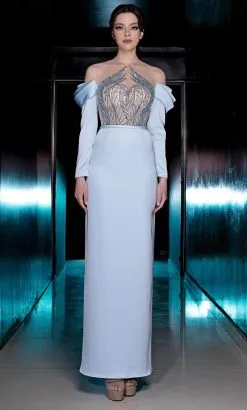 MNM COUTURE K3989 - Draped Sleeve Column Evening Gown