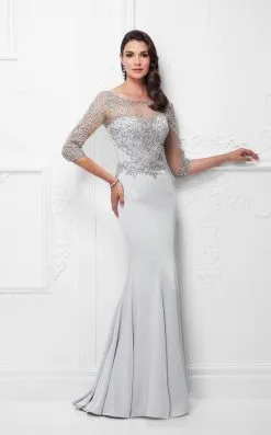 Montage By Mon Cheri - 117910 Quarter Sleeve Beaded Illusion Gown - 1 Pc Ice Gray In Size 12 Available