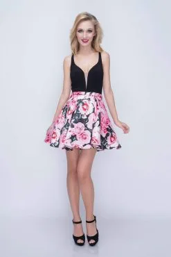 Nina Canacci - 523 Floral Printed Deep V-neck A-line Dress