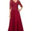 Nox Anabel - H537 Beaded Quarter Sleeve Chiffon A-Line Dress