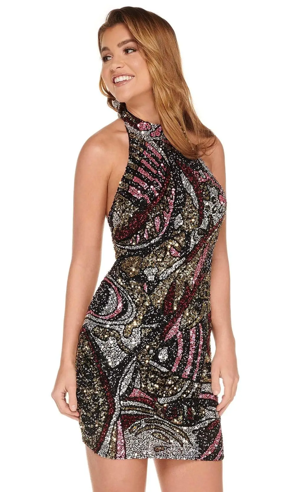 Rachel Allan - 40067 High Halter Multi-Beaded Short Dress 3 Rachel Allan - 40067 High Halter Multi-Beaded Short Dress - Image 3