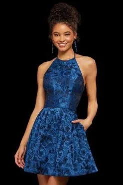 Sherri Hill - Halter Neck Short Dress 53070 - 1 Pc Navy Print In Size 6 Available