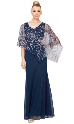 SLNY 9133123 - V-neck With Sheer Cape Long Dress