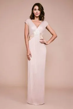 Tadashi Shoji - VG19292L V-Neckline Metallic Pintuck Sheath Gown - 1 Pc Champagne In Size 6 Available