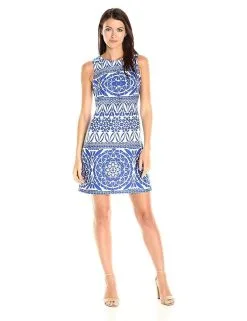 Taylor - 9174MJ Printed Jewel Neck A-line Dress